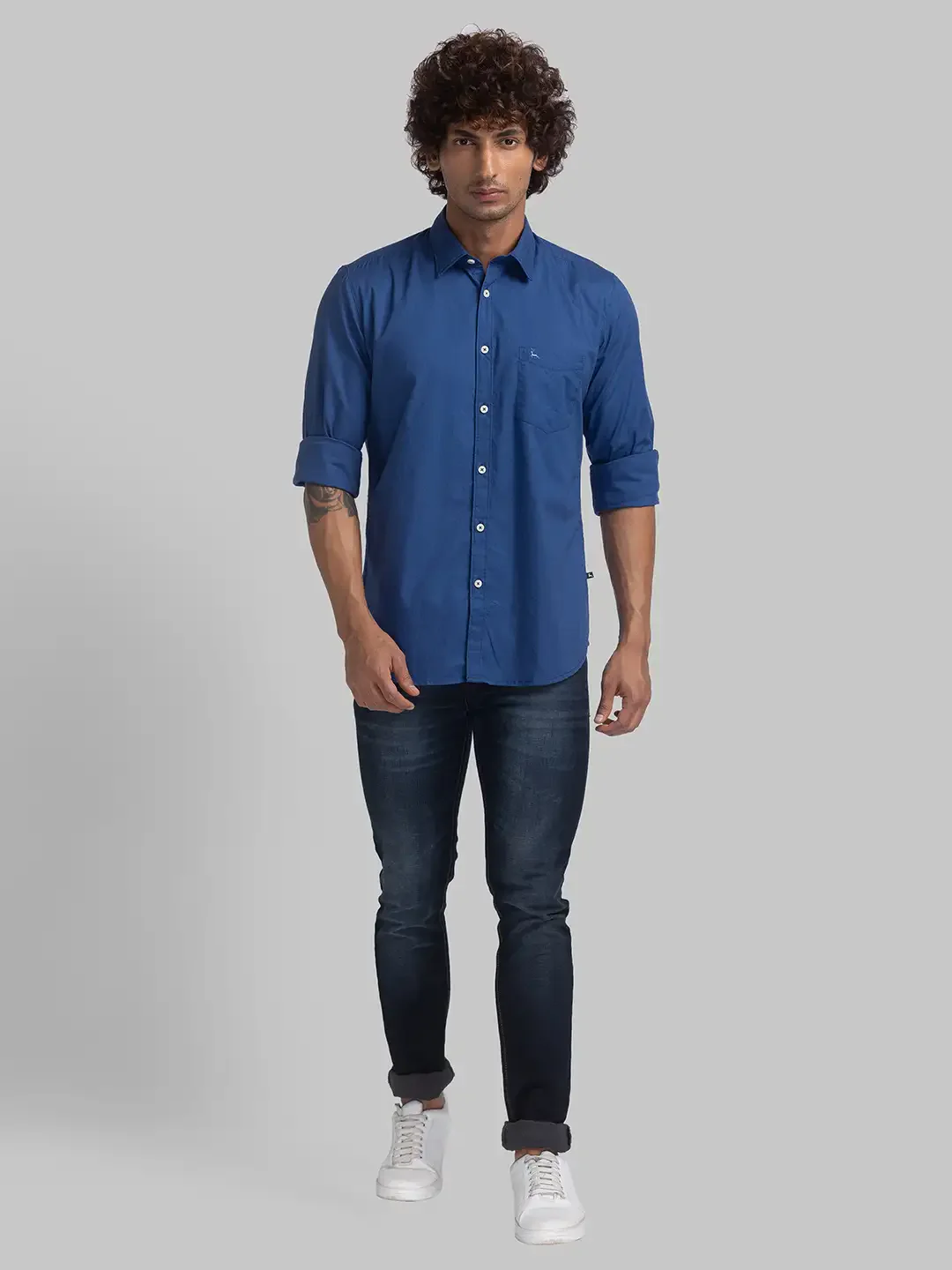 Men Blue Slim Fit Solid Cotton Full Sleeve Cutaway Collar Shirts - Image 5