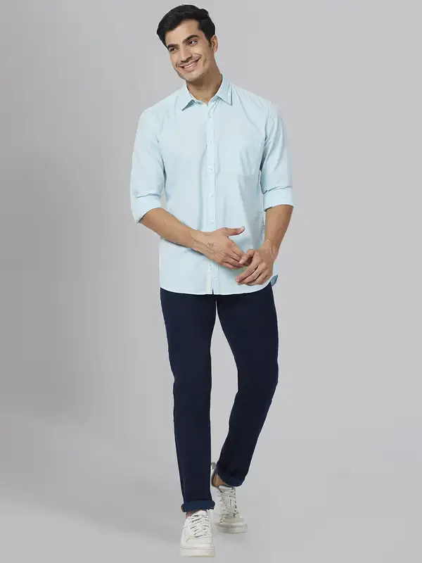 Men Blue Slim Fit Solid Cotton Full Sleeve Shirts - Image 5