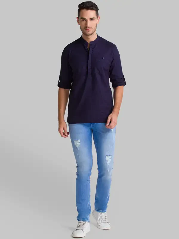 Men Blue Slim Fit Solid Cotton Full Sleeve Shirts - Image 5