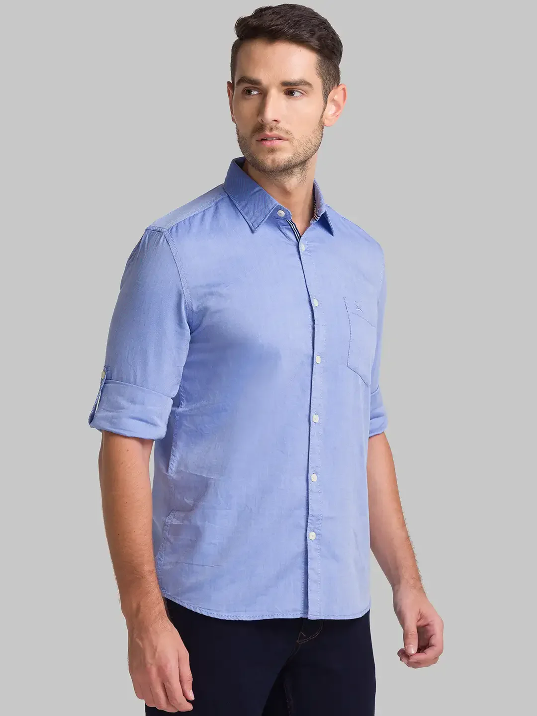 Men Blue Slim Fit Solid Cotton Full Sleeve Shirts - Image 2