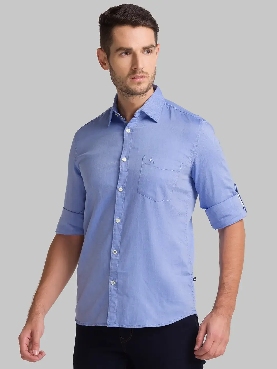 Men Blue Slim Fit Solid Cotton Full Sleeve Shirts - Image 3