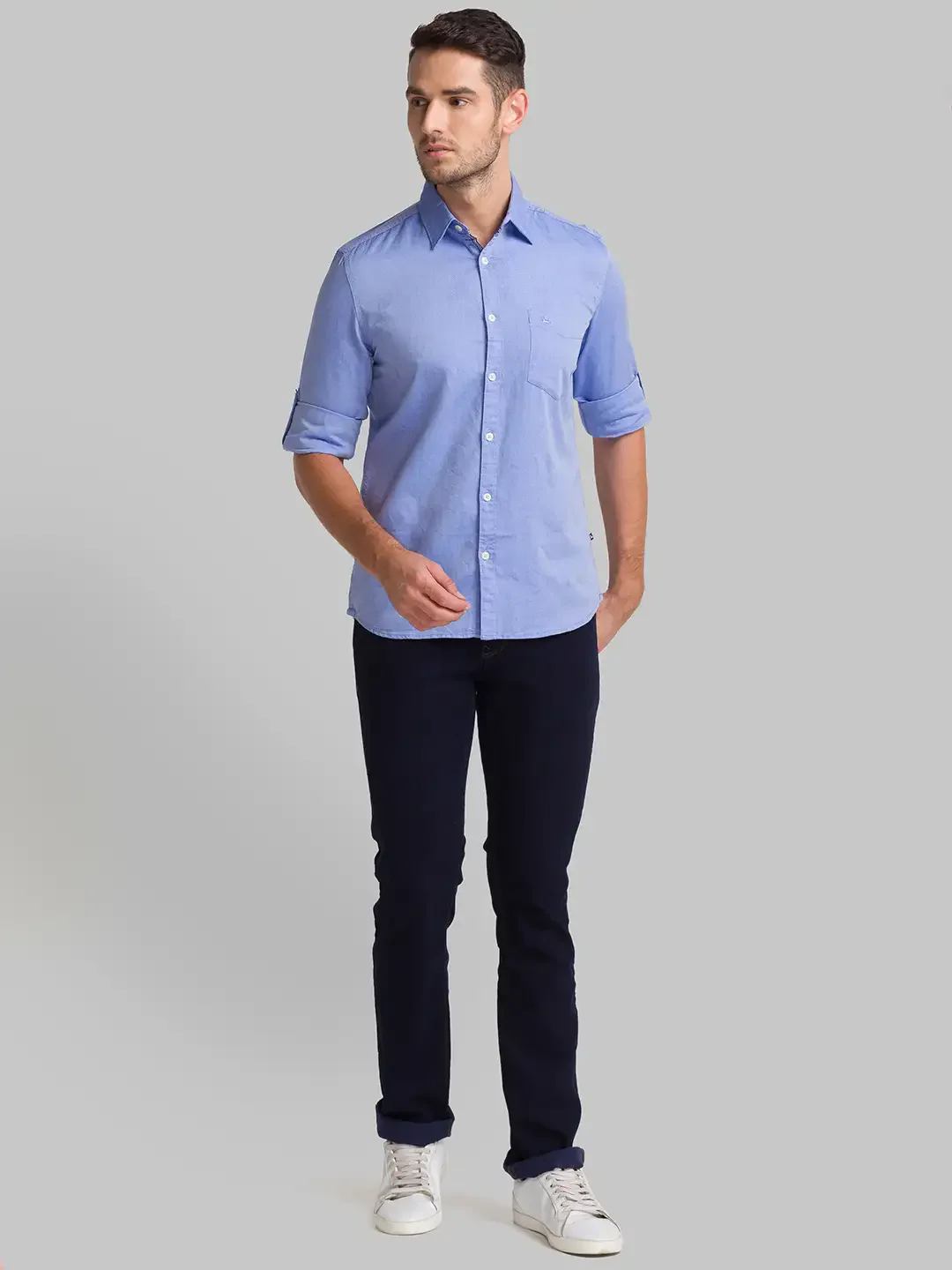 Men Blue Slim Fit Solid Cotton Full Sleeve Shirts - Image 5