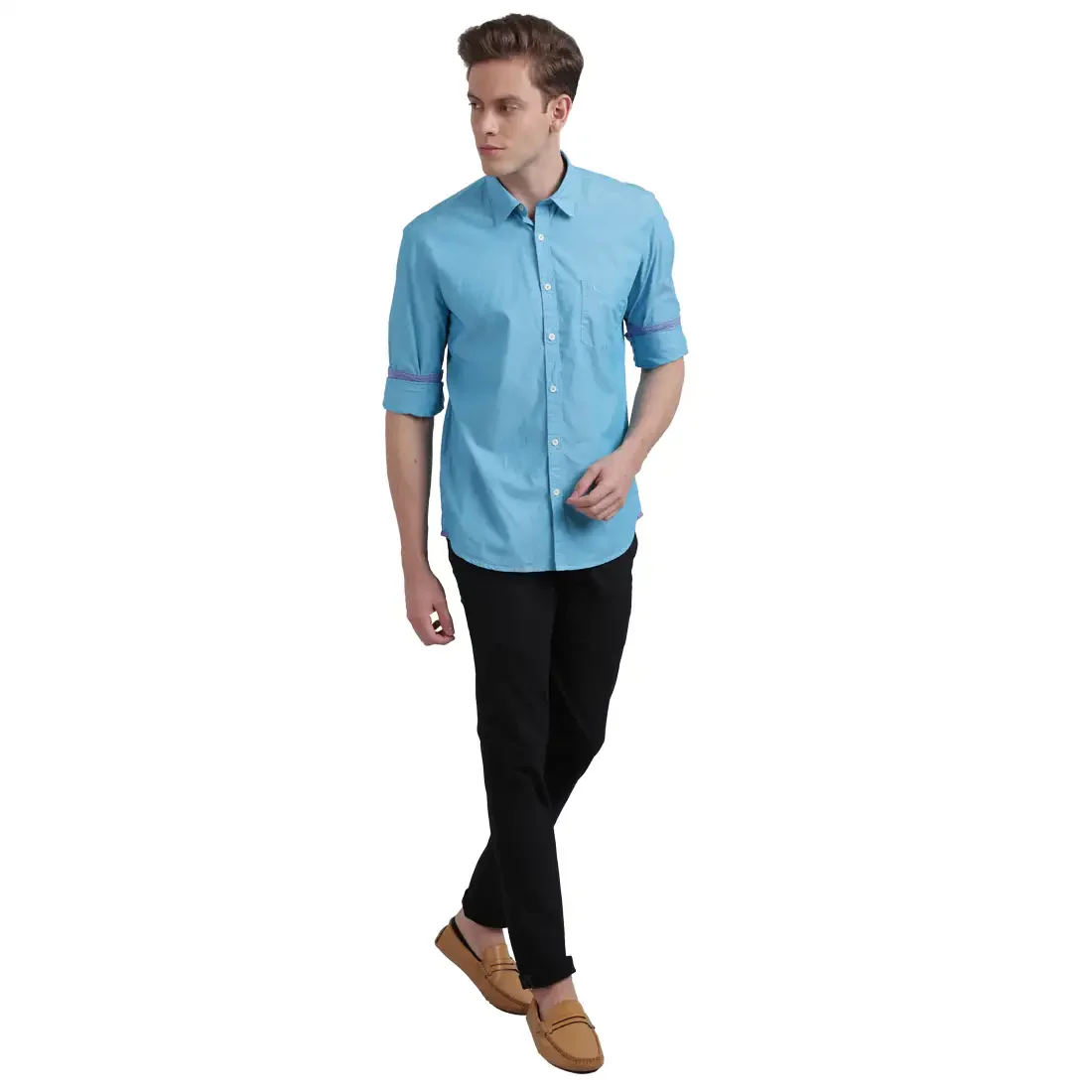 Men Blue Slim Fit Solid Cotton Full Sleeve Shirts - Image 5