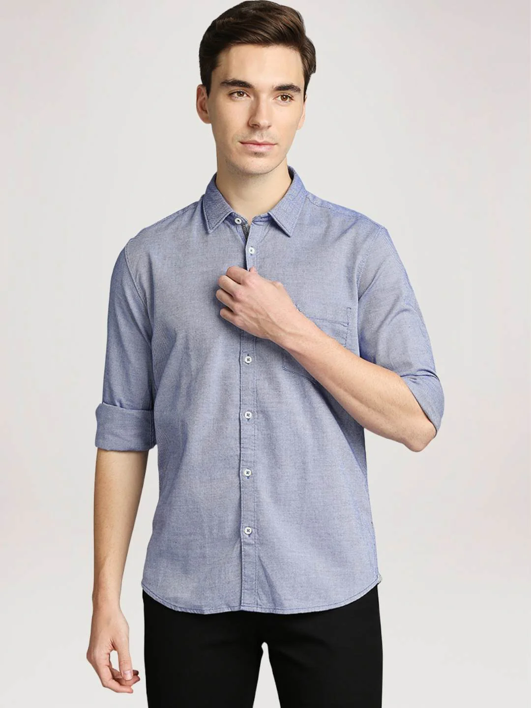 Men Blue Slim Fit Solid Cotton Full Sleeve Shirts - Image 6