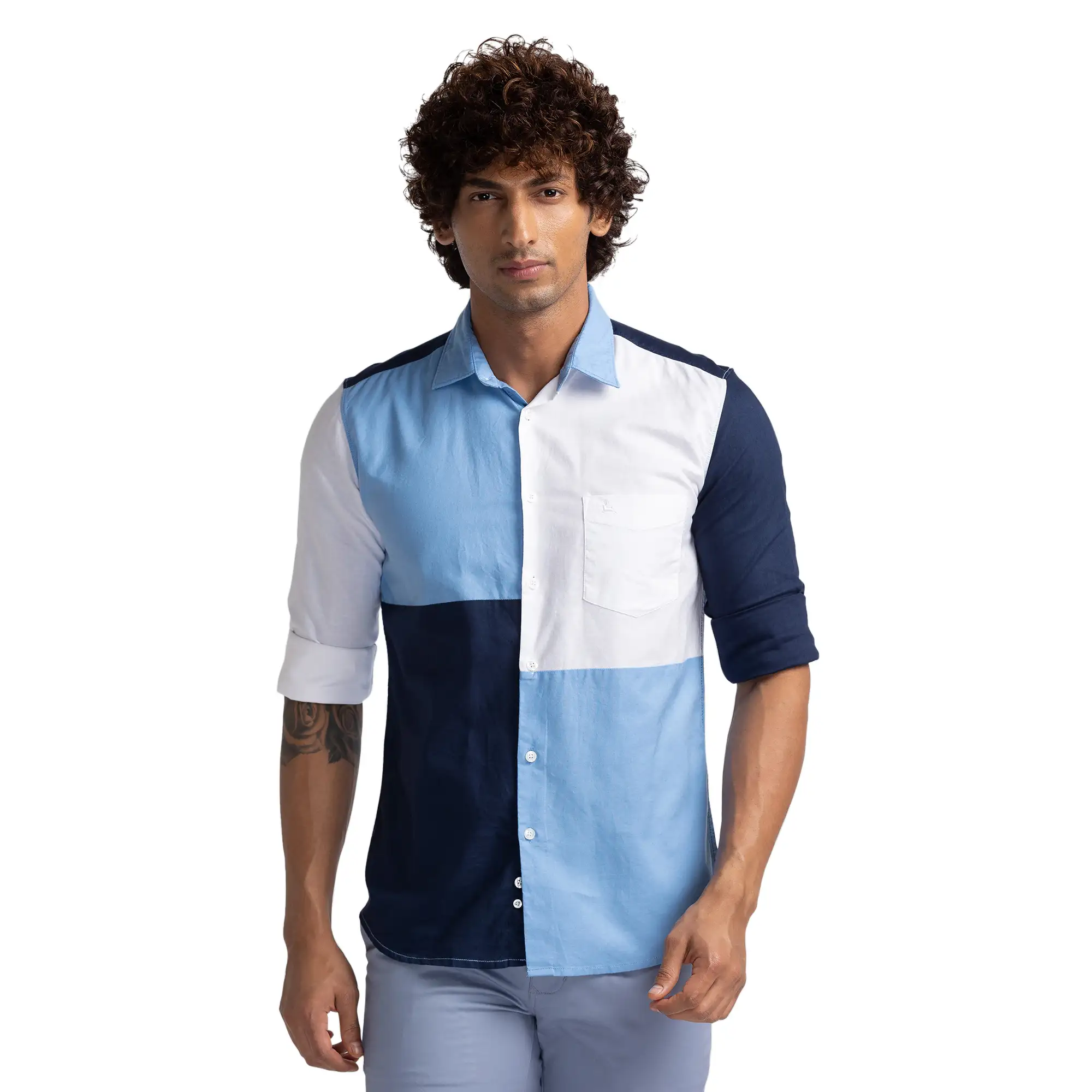 Men Blue Slim Fit Solid Cotton Full Sleeve Shirts - Image 6