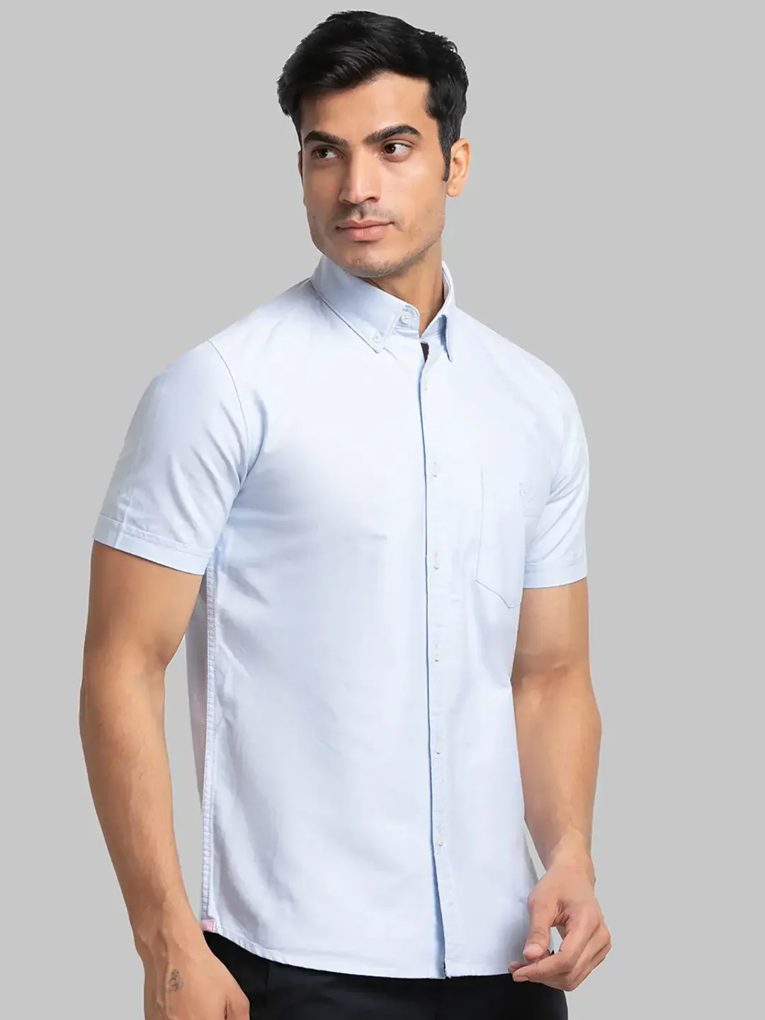 Men Blue Slim Fit Solid Cotton Half Sleeve Shirts - Image 2