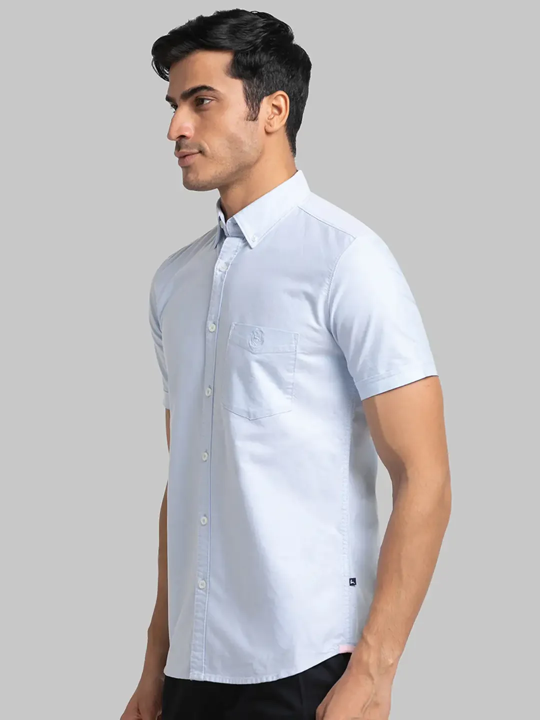 Men Blue Slim Fit Solid Cotton Half Sleeve Shirts - Image 3