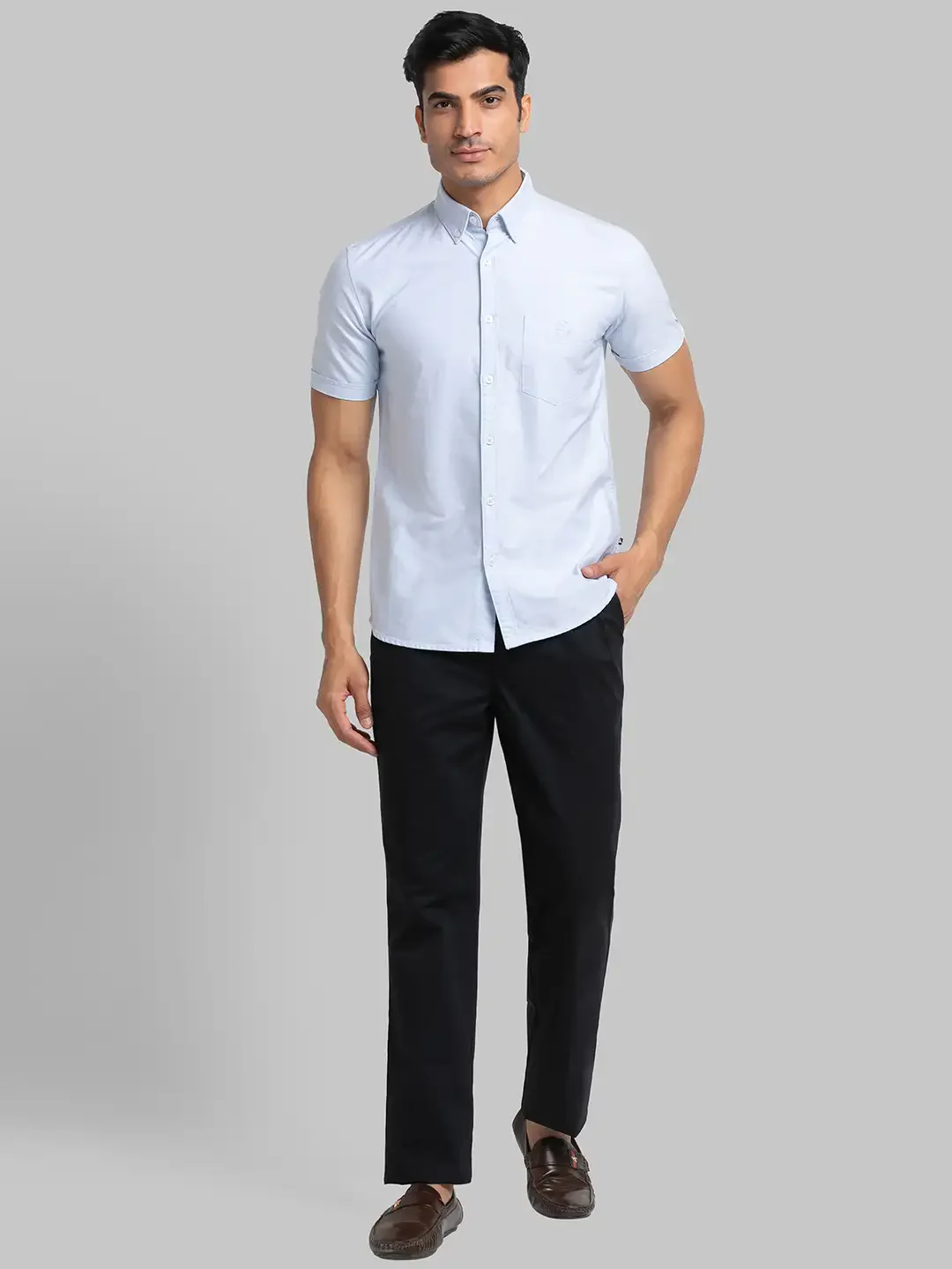 Men Blue Slim Fit Solid Cotton Half Sleeve Shirts - Image 5