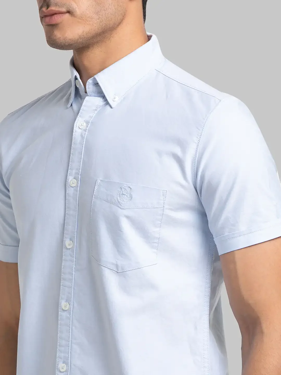 Men Blue Slim Fit Solid Cotton Half Sleeve Shirts - Image 6