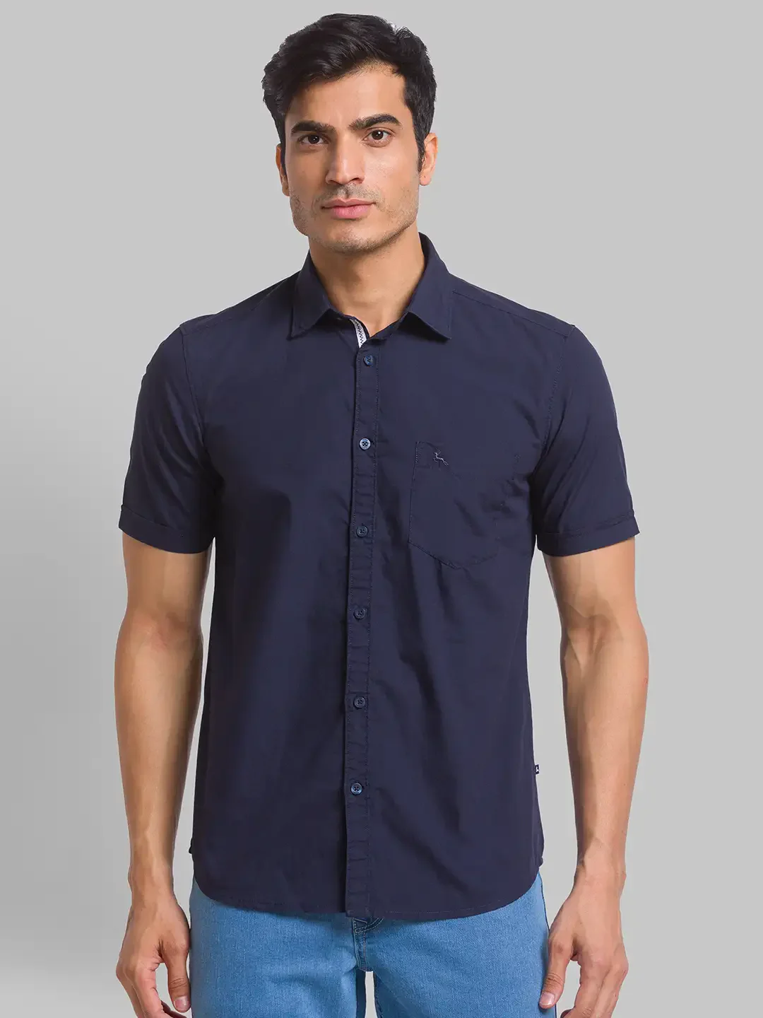 Men Blue Slim Fit Solid Cotton Half Sleeve Shirts