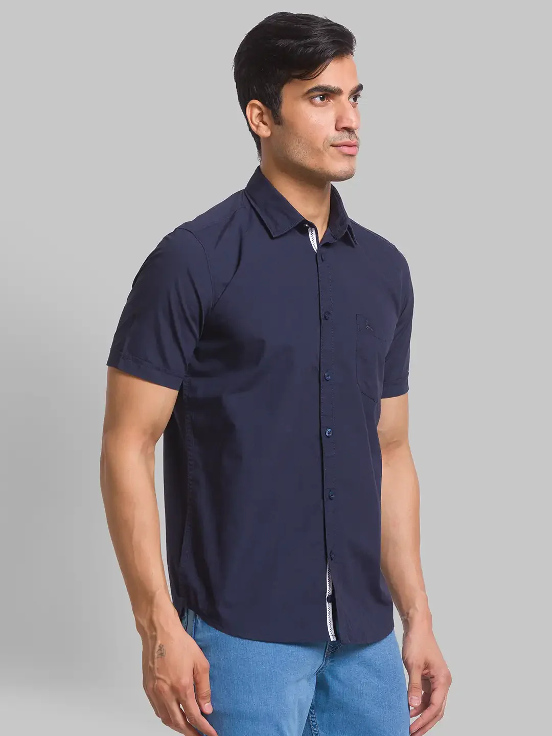 Men Blue Slim Fit Solid Cotton Half Sleeve Shirts - Image 2