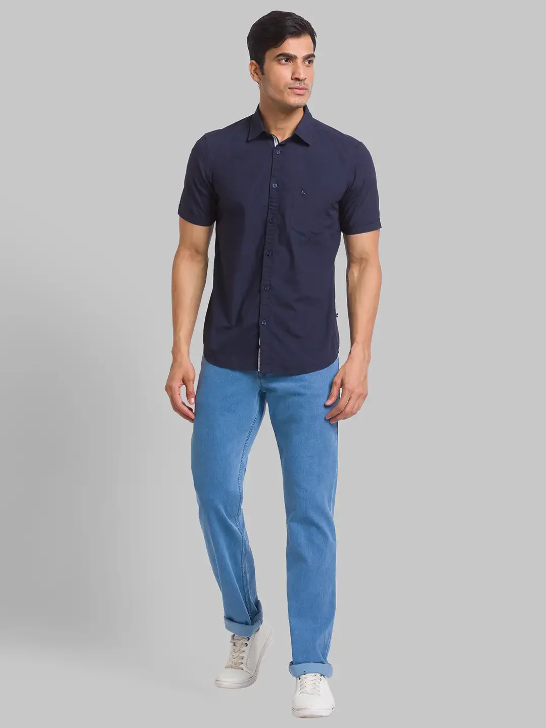 Men Blue Slim Fit Solid Cotton Half Sleeve Shirts - Image 5