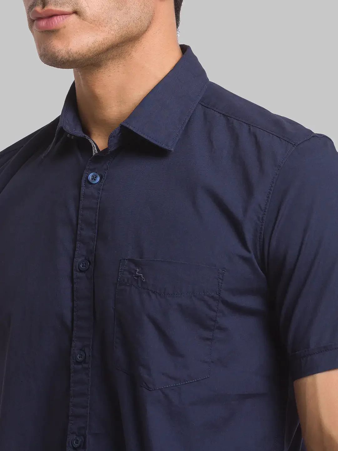 Men Blue Slim Fit Solid Cotton Half Sleeve Shirts - Image 6