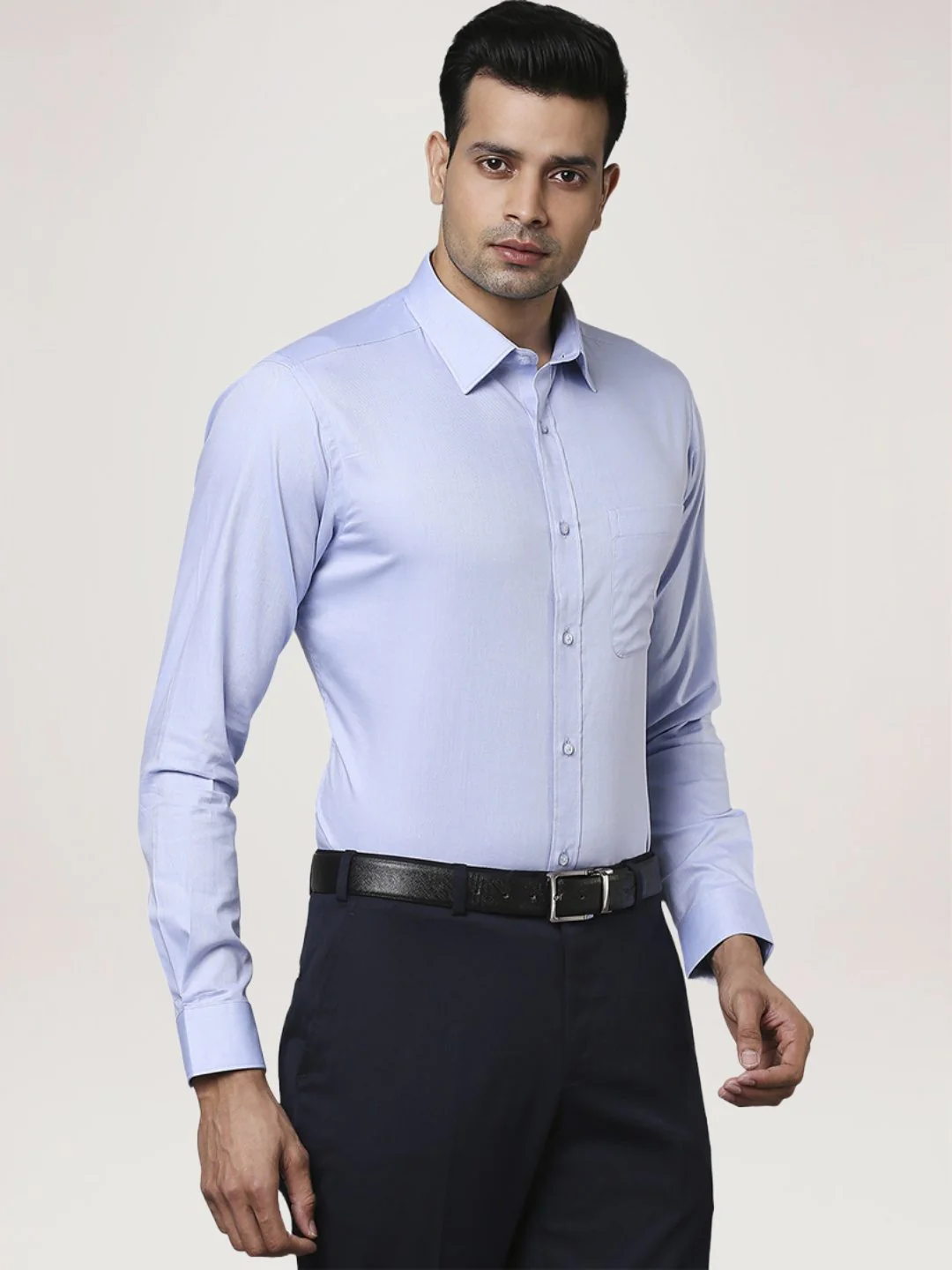 Men Blue Slim Fit Solid Cotton Half Sleeve Shirts - Image 5