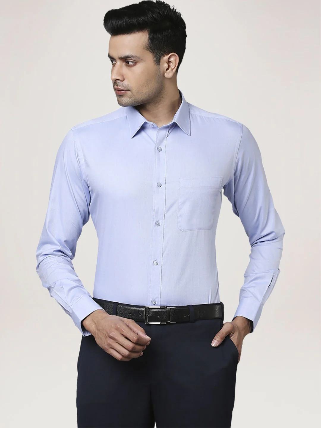Men Blue Slim Fit Solid Cotton Half Sleeve Shirts - Image 6
