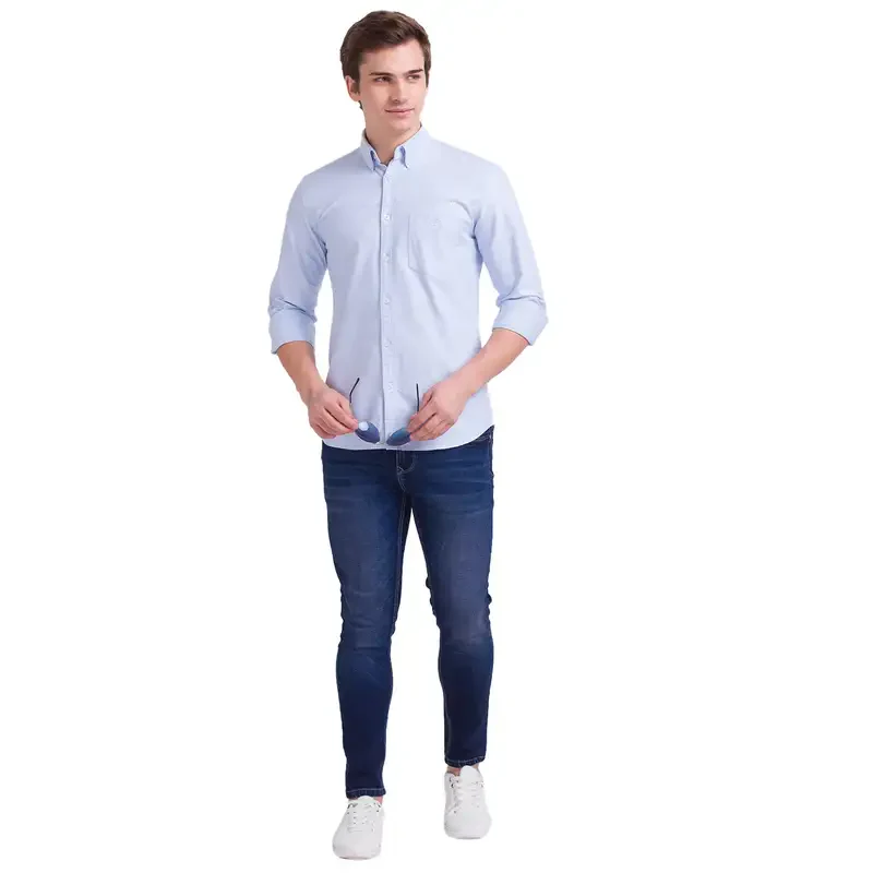 Men Blue Slim Fit Solid Cotton Half Sleeve Shirts - Image 5