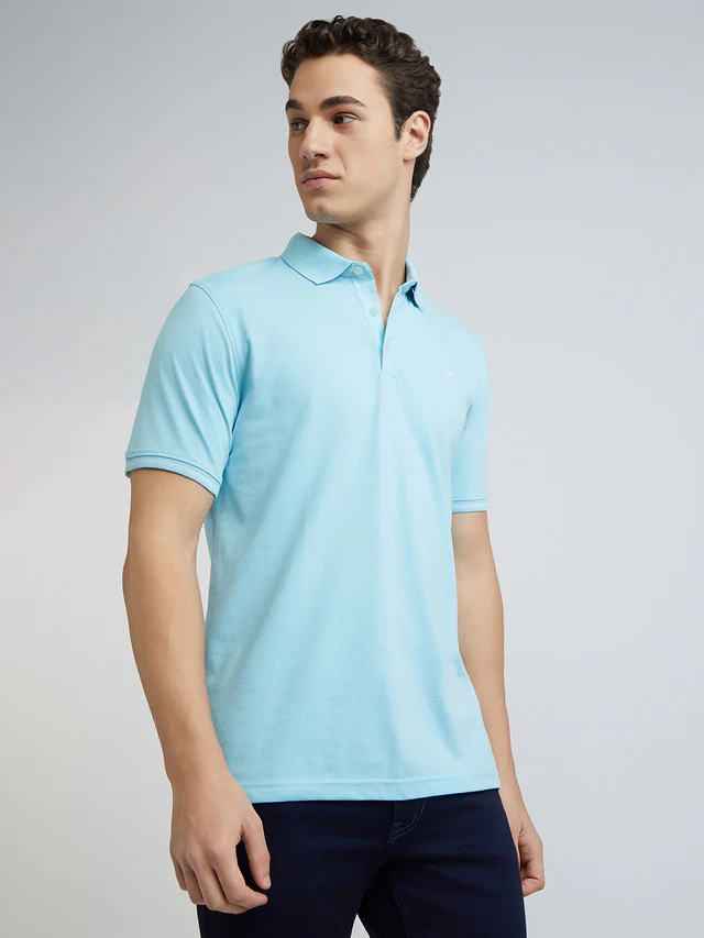 Men Blue Slim Fit Solid Cotton Polyester Blend Round Neck Collar Polo T-Shirt - Image 2