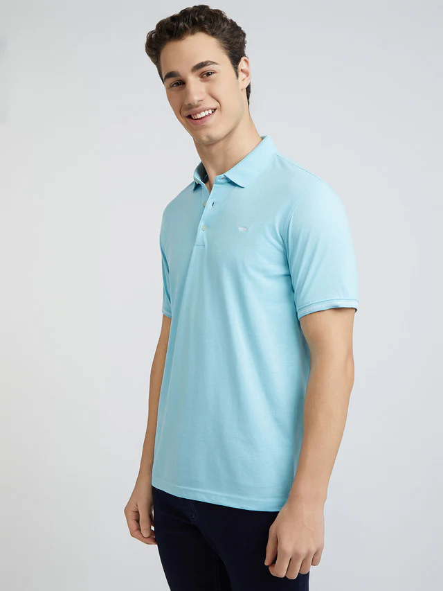 Men Blue Slim Fit Solid Cotton Polyester Blend Round Neck Collar Polo T-Shirt - Image 3