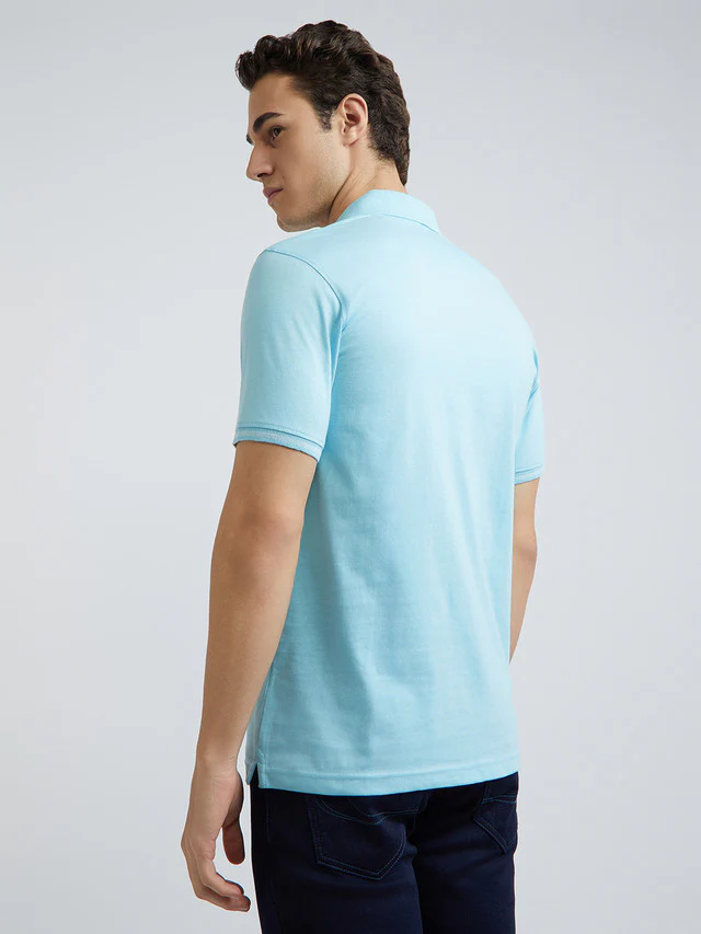 Men Blue Slim Fit Solid Cotton Polyester Blend Round Neck Collar Polo T-Shirt - Image 4