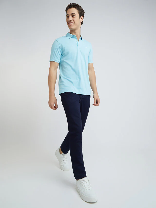 Men Blue Slim Fit Solid Cotton Polyester Blend Round Neck Collar Polo T-Shirt - Image 5