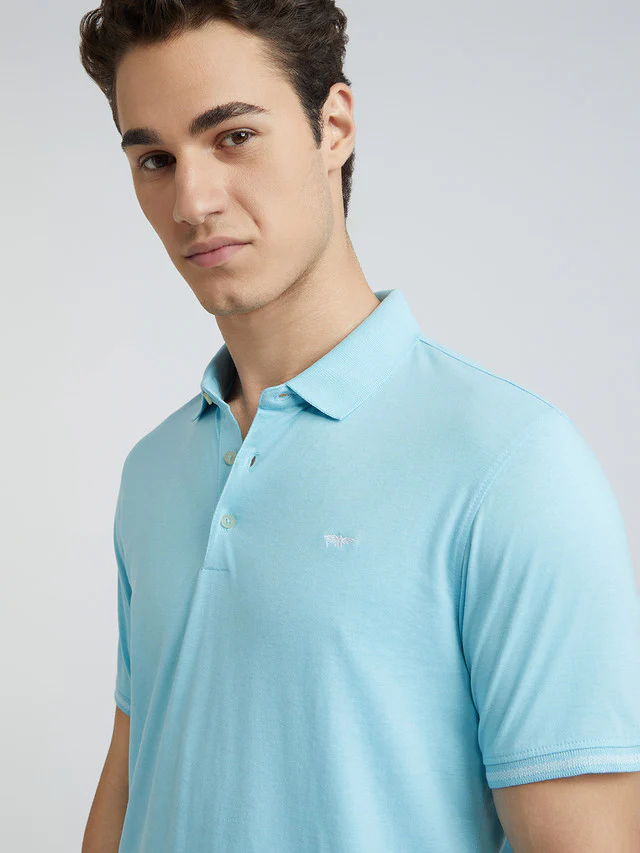 Men Blue Slim Fit Solid Cotton Polyester Blend Round Neck Collar Polo T-Shirt - Image 6