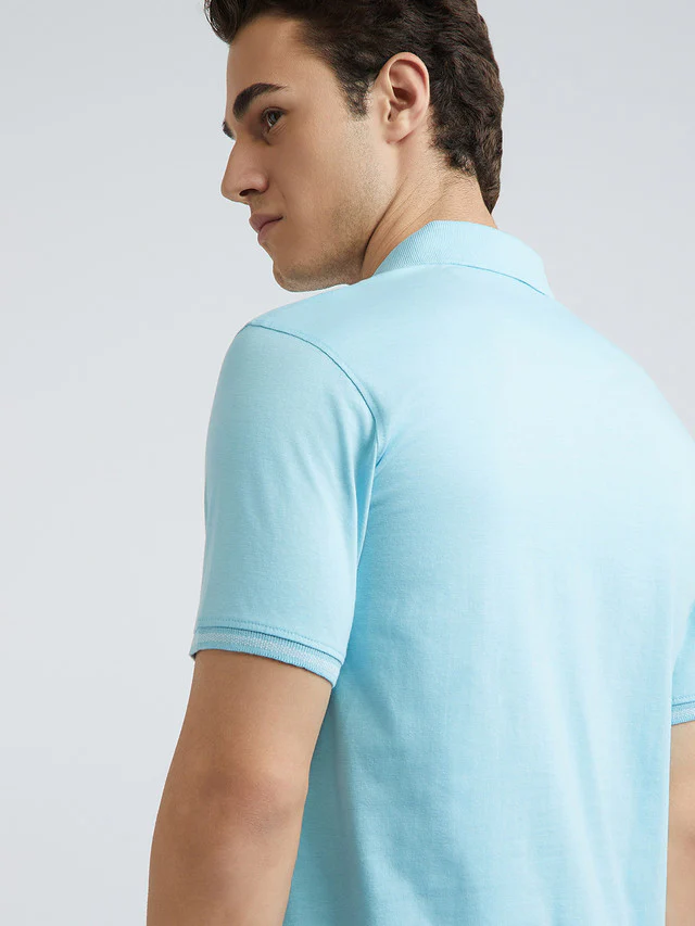 Men Blue Slim Fit Solid Cotton Polyester Blend Round Neck Collar Polo T-Shirt - Image 7