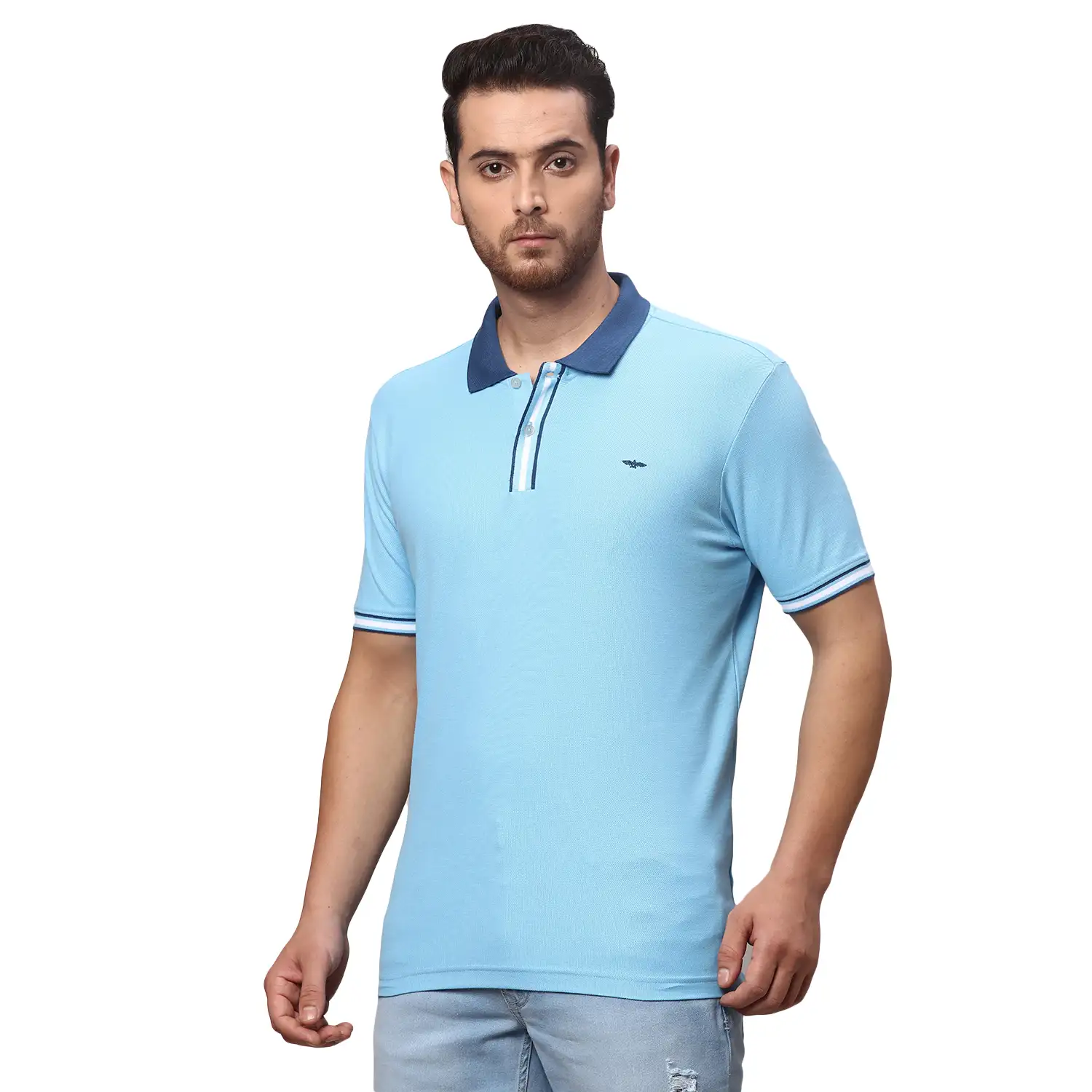 Men Blue Slim Fit Solid Cotton Polyester Blend Round Neck Collar Polo T-Shirt - Image 3