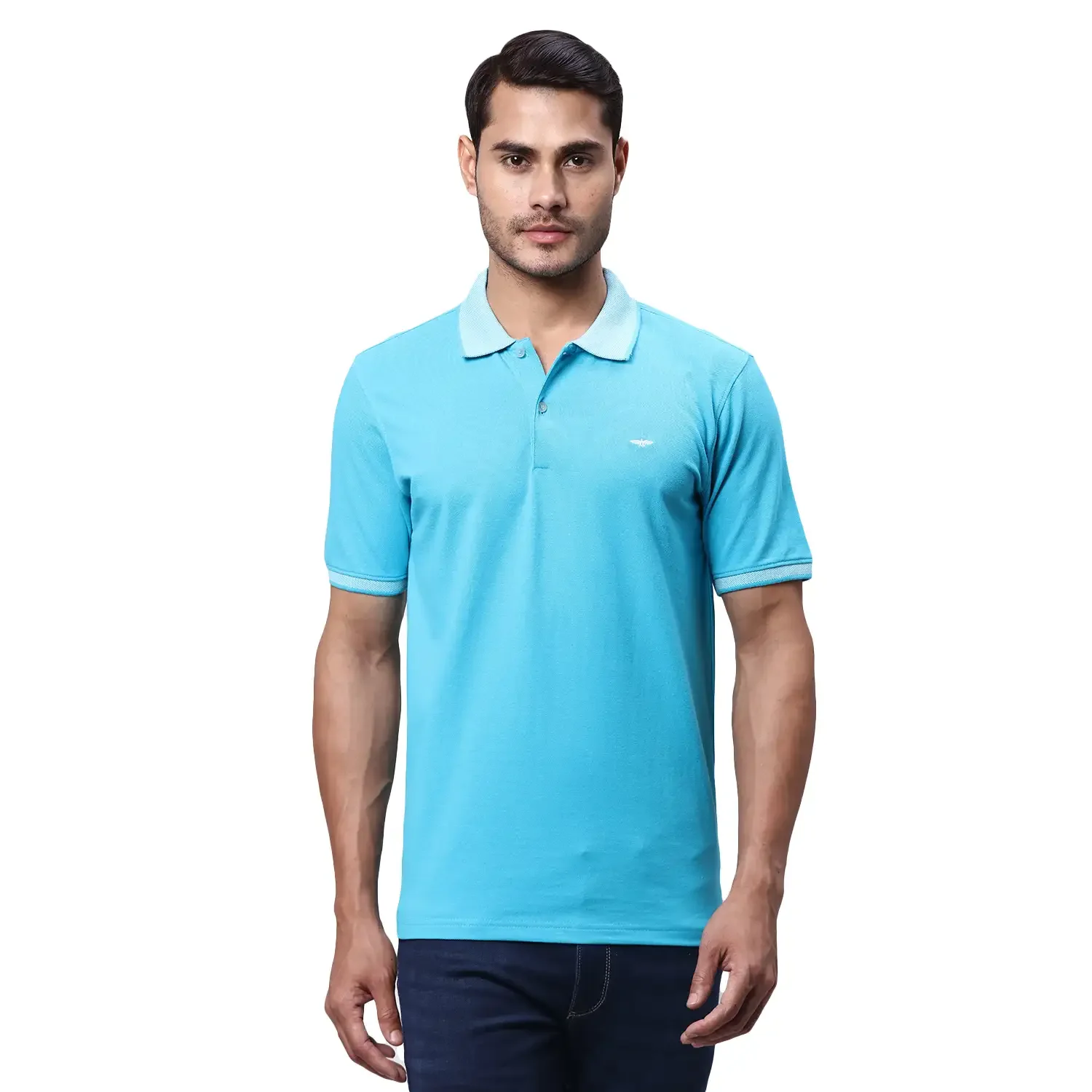 Men Blue Slim Fit Solid Cotton Polyester Blend Round Neck Collar Polo T-Shirt