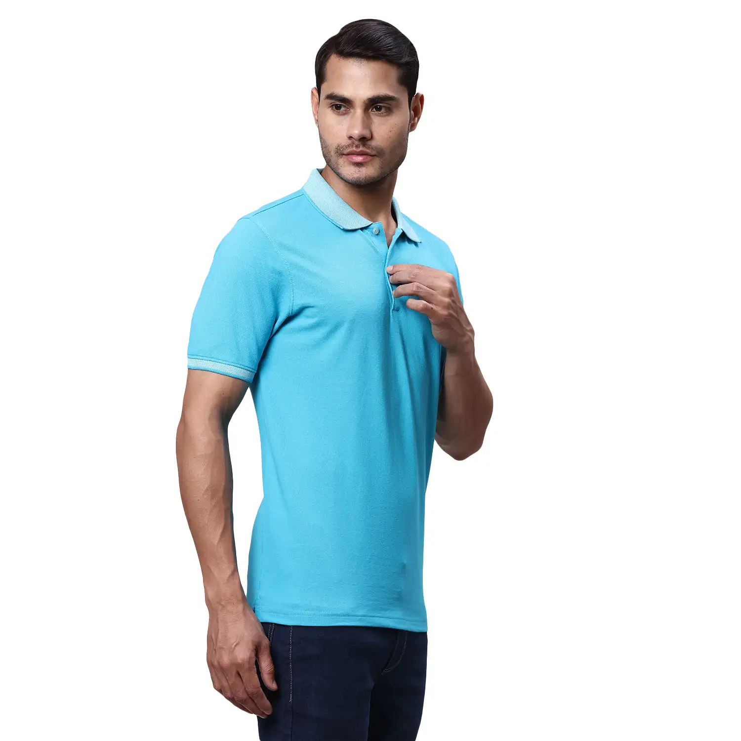 Men Blue Slim Fit Solid Cotton Polyester Blend Round Neck Collar Polo T-Shirt - Image 2