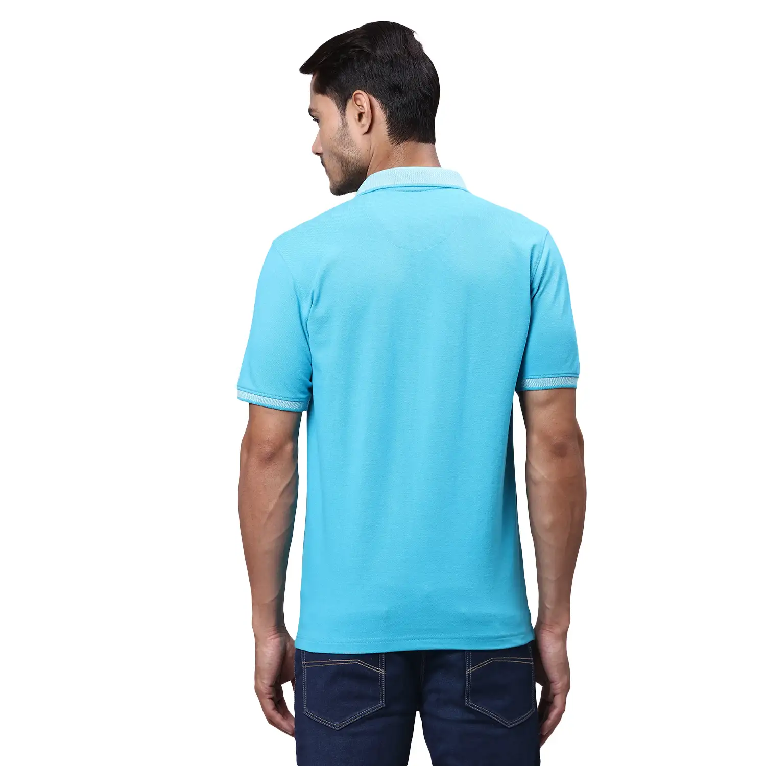 Men Blue Slim Fit Solid Cotton Polyester Blend Round Neck Collar Polo T-Shirt - Image 5