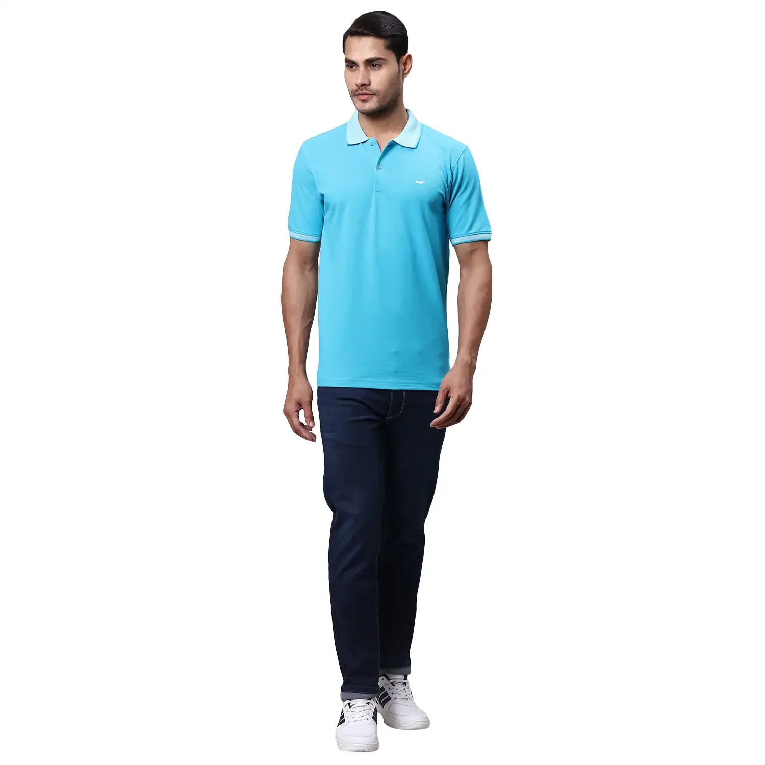 Men Blue Slim Fit Solid Cotton Polyester Blend Round Neck Collar Polo T-Shirt - Image 6