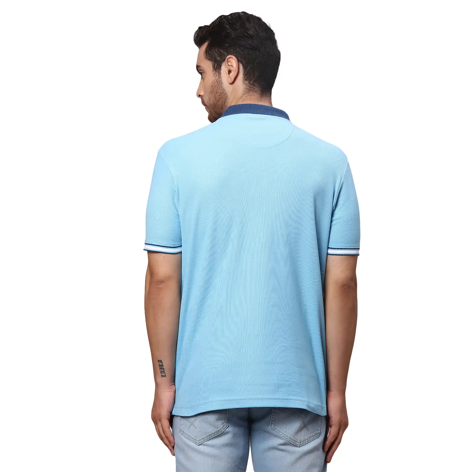 Men Blue Slim Fit Solid Cotton Polyester Blend Round Neck Collar Polo T-Shirt - Image 4