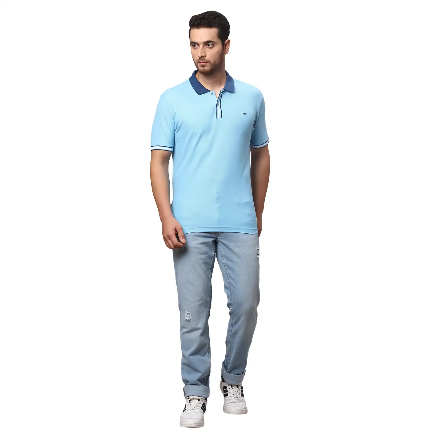Men Blue Slim Fit Solid Cotton Polyester Blend Round Neck Collar Polo T-Shirt - Image 5