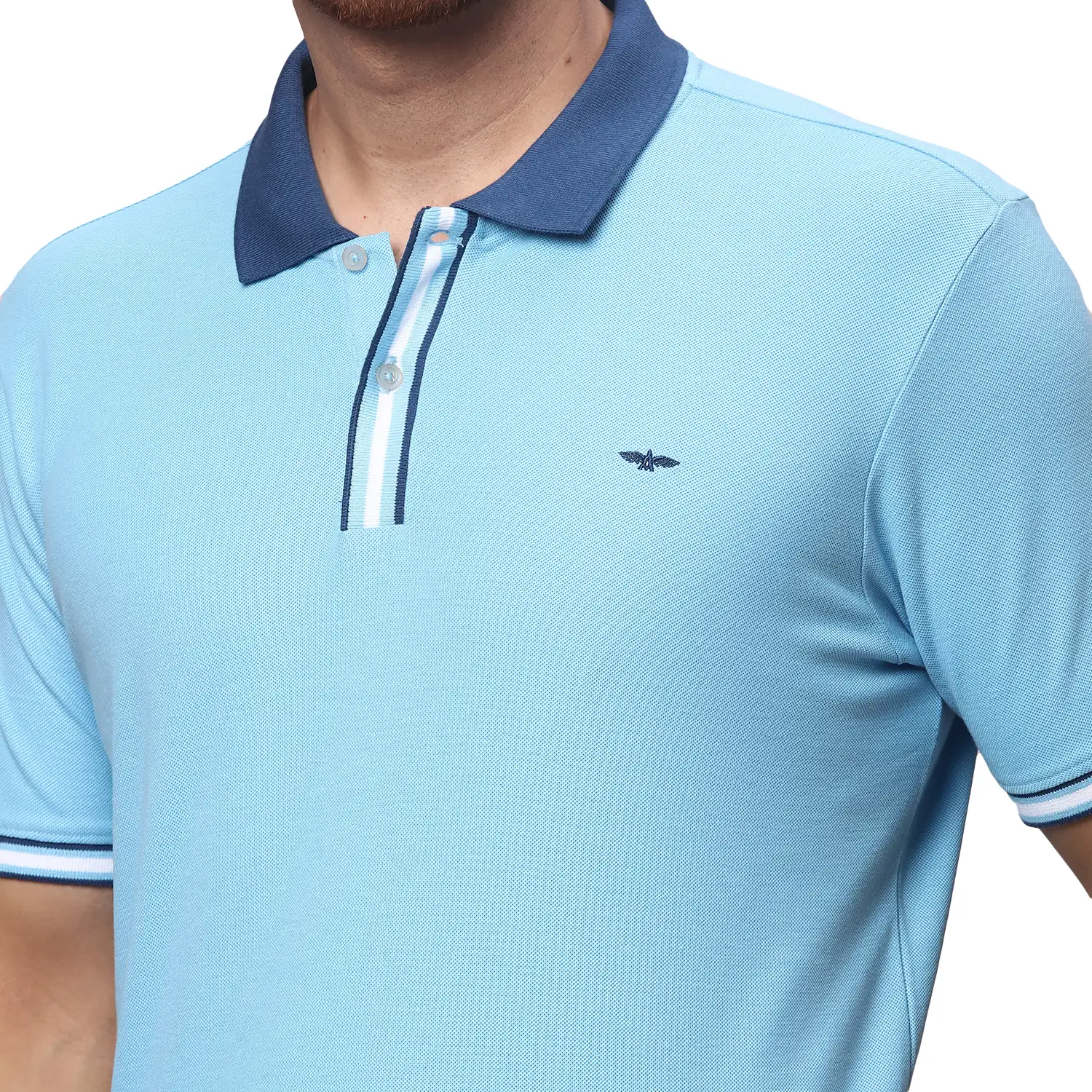 Men Blue Slim Fit Solid Cotton Polyester Blend Round Neck Collar Polo T-Shirt - Image 6