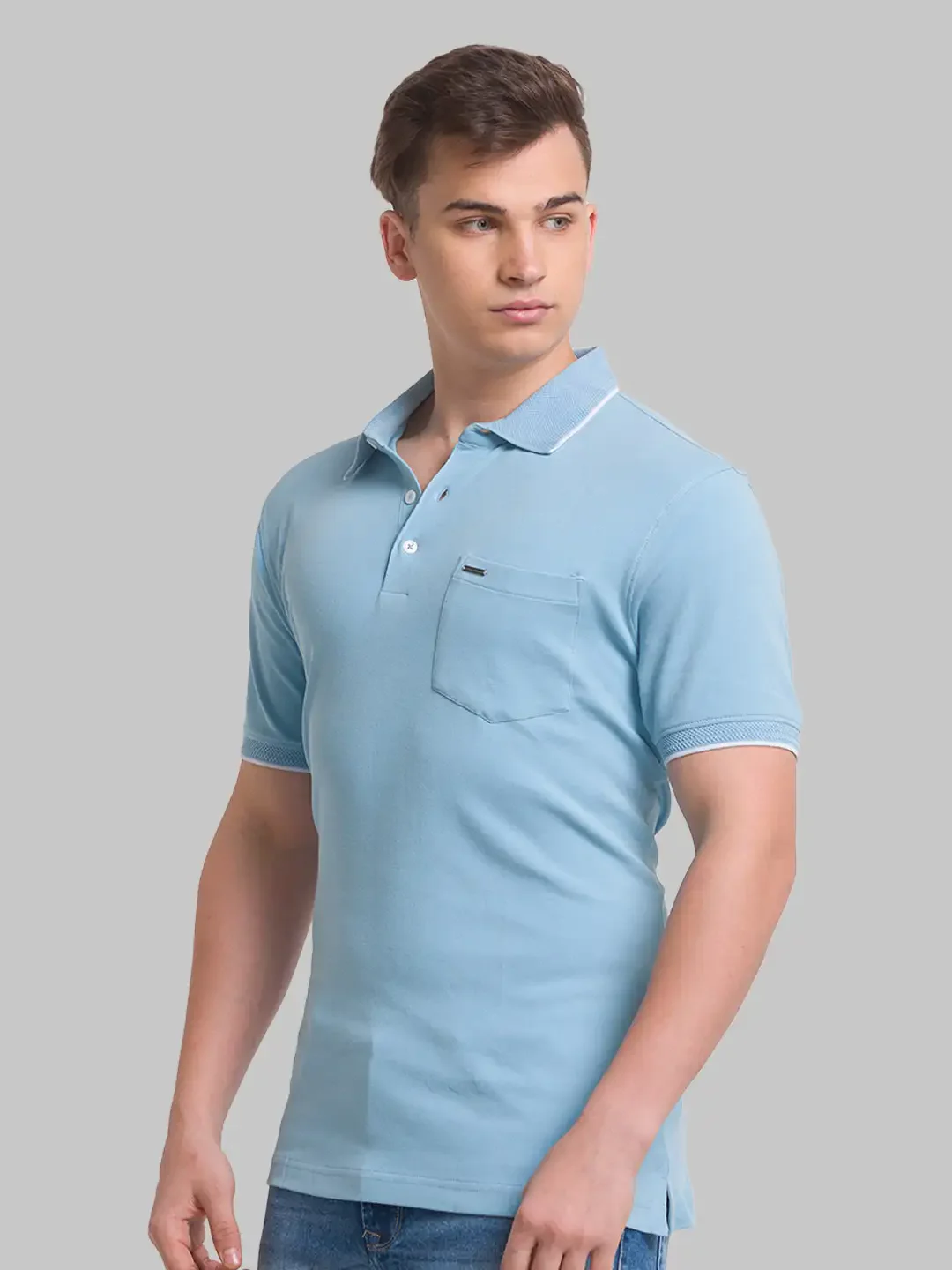 Men Blue Slim Fit Solid Cotton Round Neck Collar Polo T-Shirt - Image 3