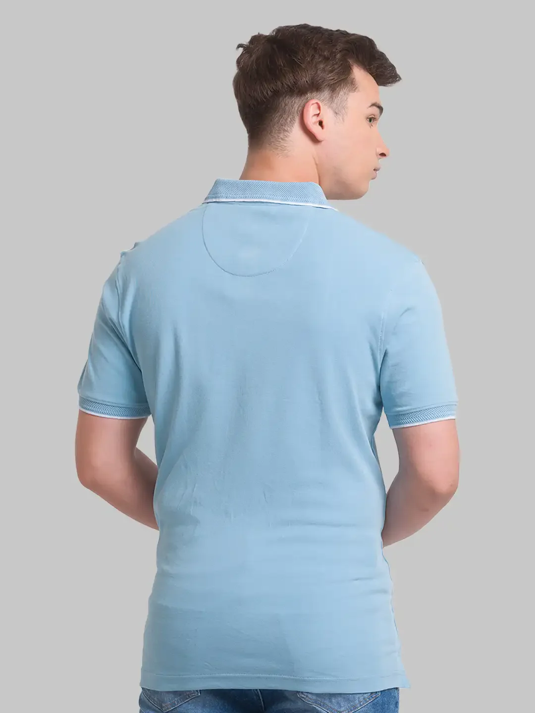 Men Blue Slim Fit Solid Cotton Round Neck Collar Polo T-Shirt - Image 4