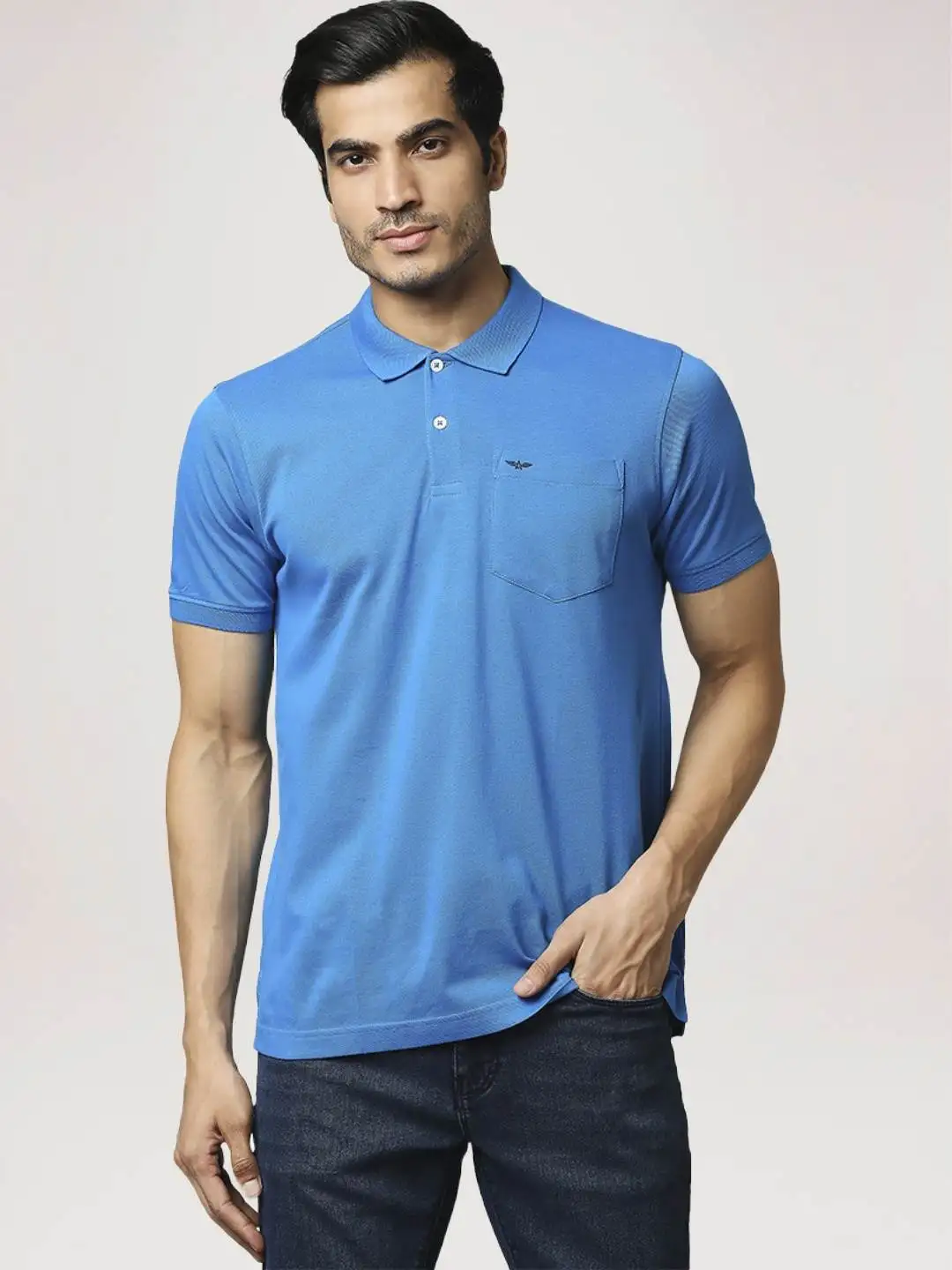 Men Blue Slim Fit Solid Cotton Round Neck Collar Polo T-Shirt
