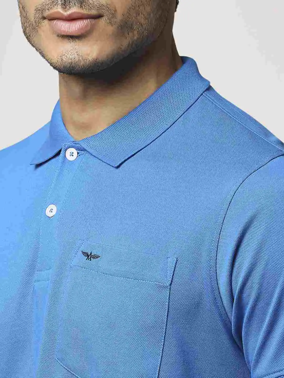 Men Blue Slim Fit Solid Cotton Round Neck Collar Polo T-Shirt - Image 3