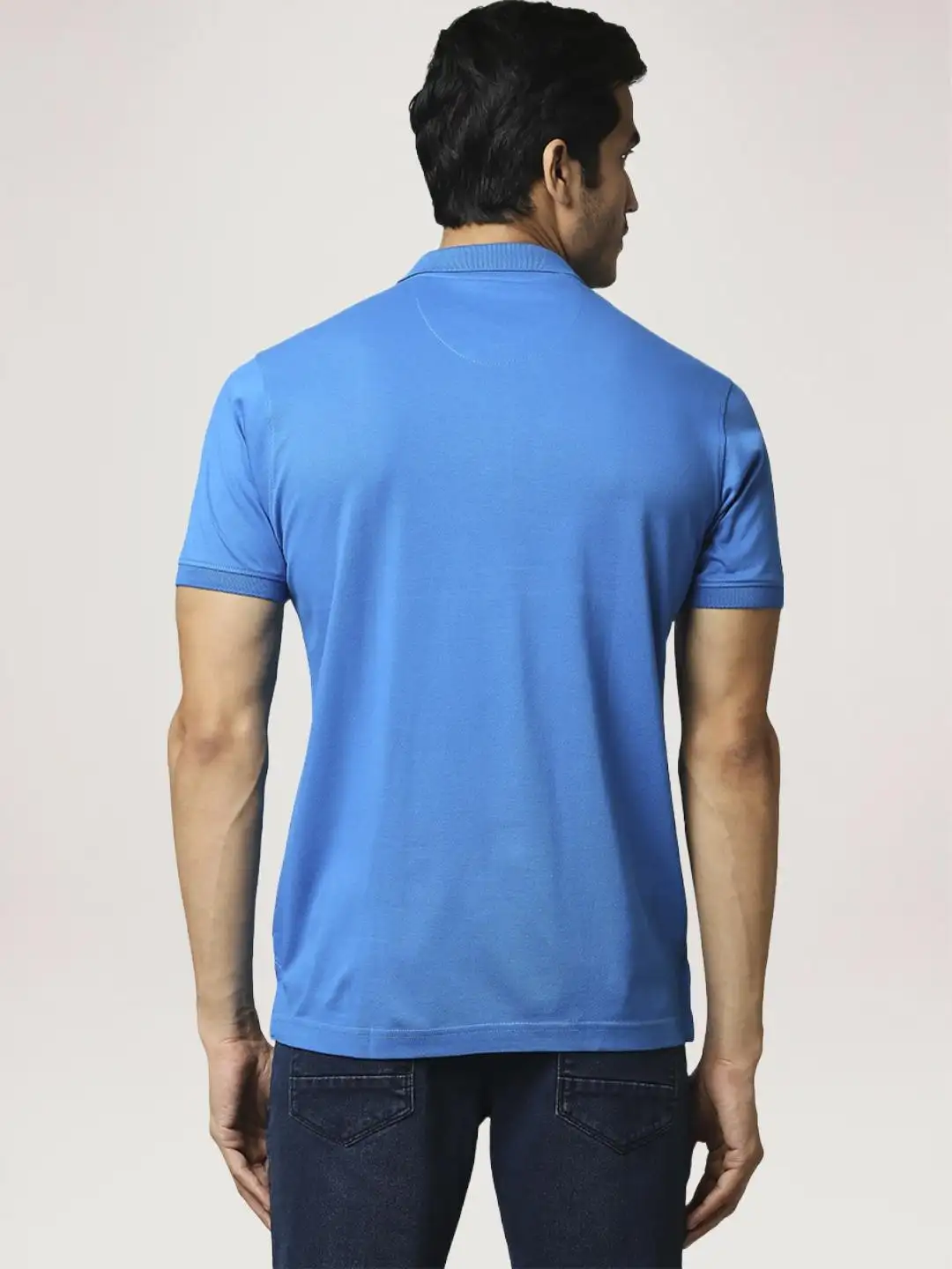 Men Blue Slim Fit Solid Cotton Round Neck Collar Polo T-Shirt - Image 4