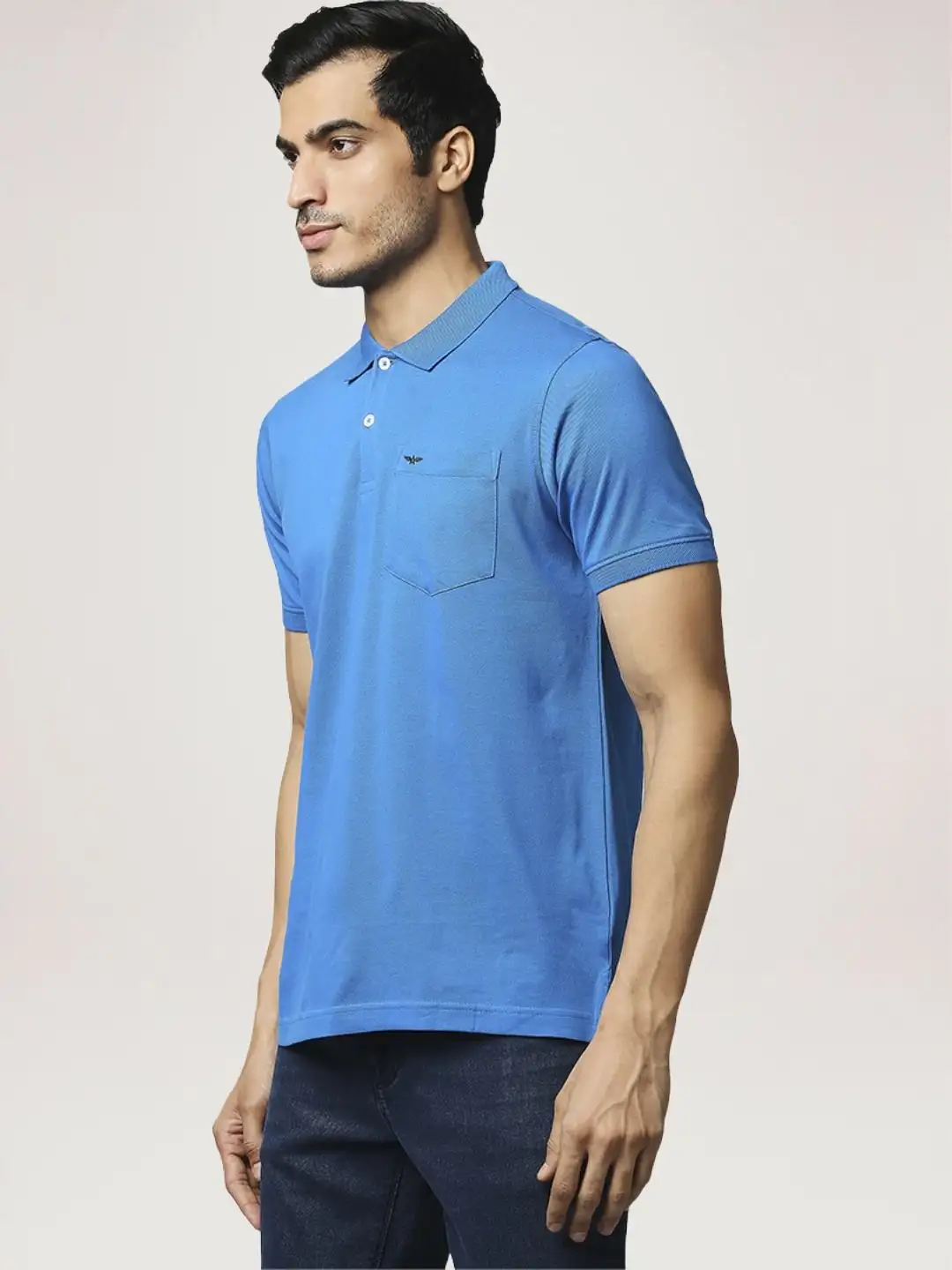 Men Blue Slim Fit Solid Cotton Round Neck Collar Polo T-Shirt - Image 5
