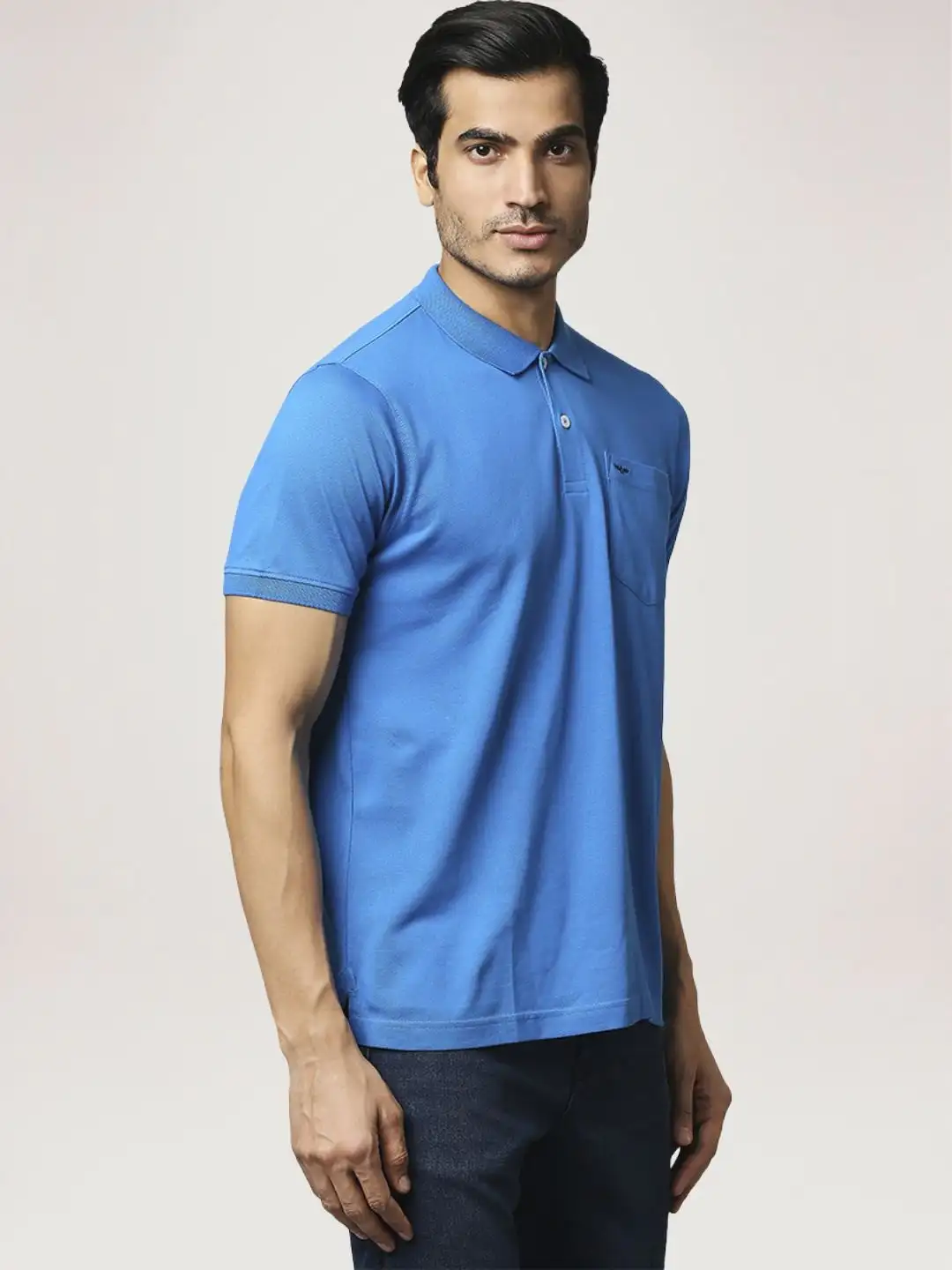 Men Blue Slim Fit Solid Cotton Round Neck Collar Polo T-Shirt - Image 6