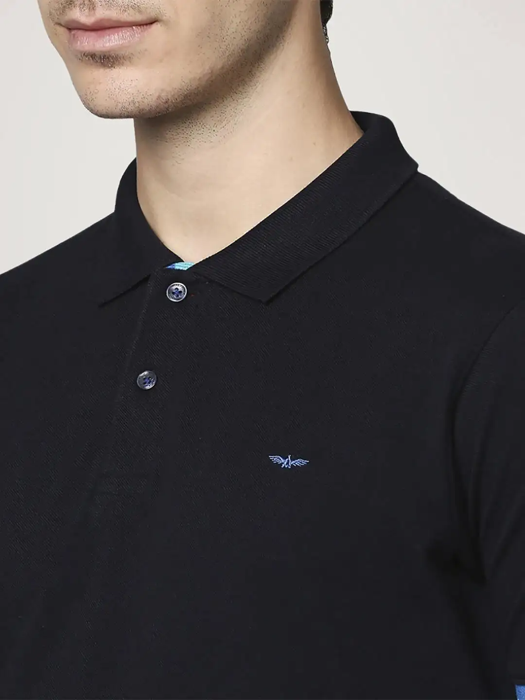Men Blue Slim Fit Solid Cotton Round Neck Collar Polo T-Shirt