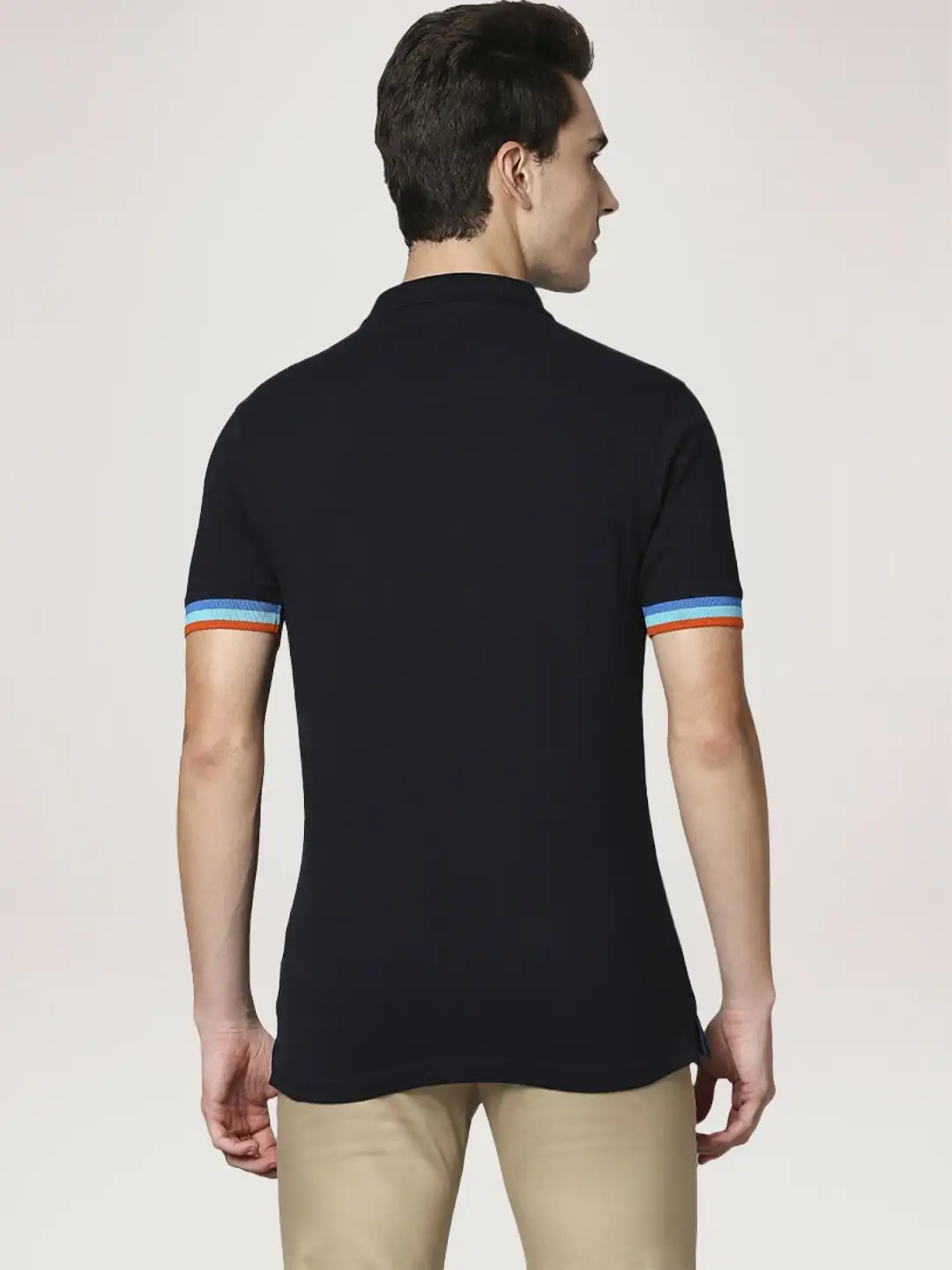 Men Blue Slim Fit Solid Cotton Round Neck Collar Polo T-Shirt - Image 3