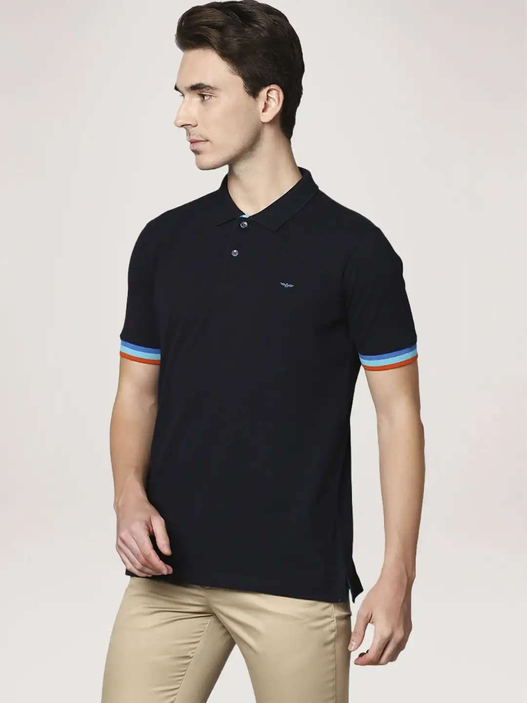 Men Blue Slim Fit Solid Cotton Round Neck Collar Polo T-Shirt - Image 4