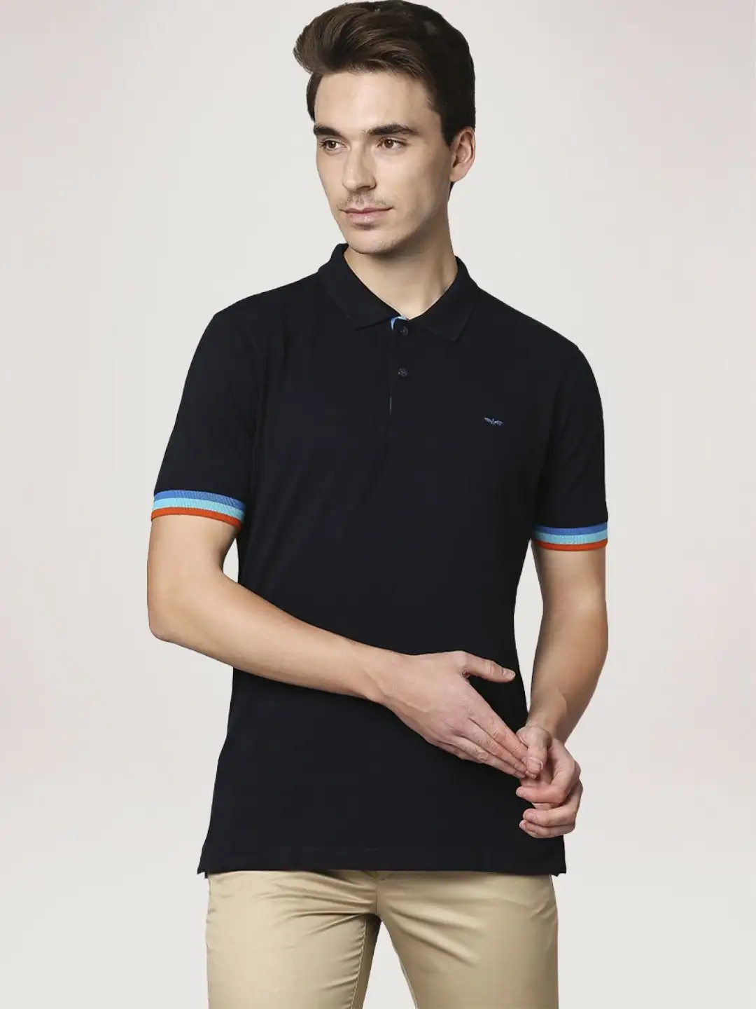 Men Blue Slim Fit Solid Cotton Round Neck Collar Polo T-Shirt - Image 5
