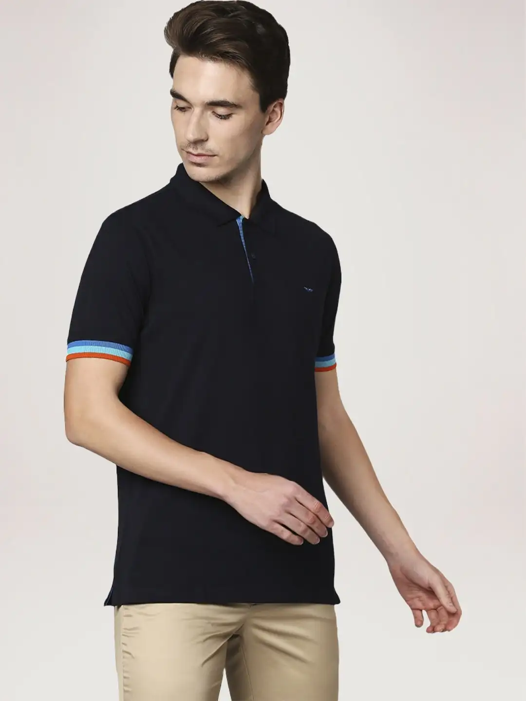 Men Blue Slim Fit Solid Cotton Round Neck Collar Polo T-Shirt - Image 6