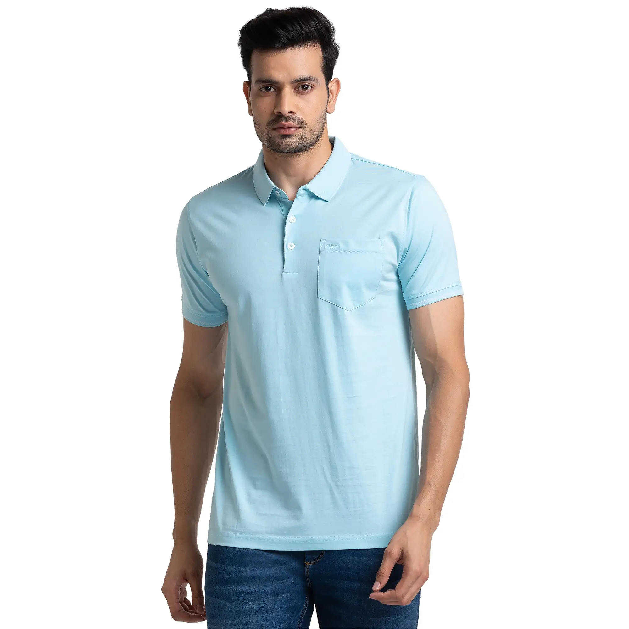 Men Blue Slim Fit Solid Cotton Round Neck Collar Polo T-Shirt
