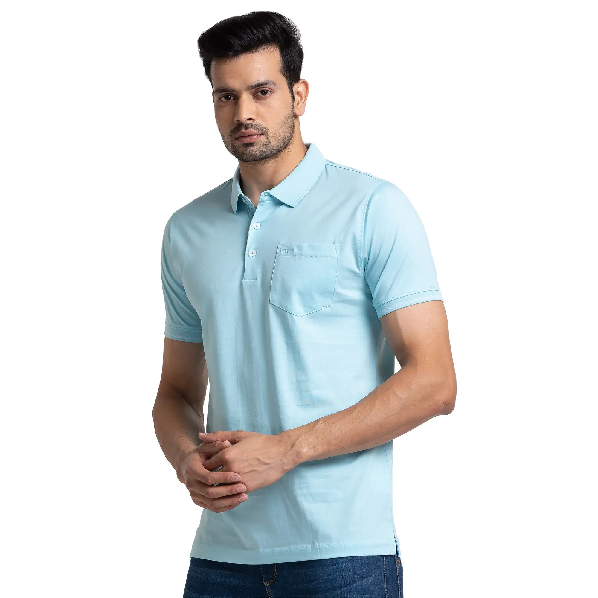 Men Blue Slim Fit Solid Cotton Round Neck Collar Polo T-Shirt - Image 3