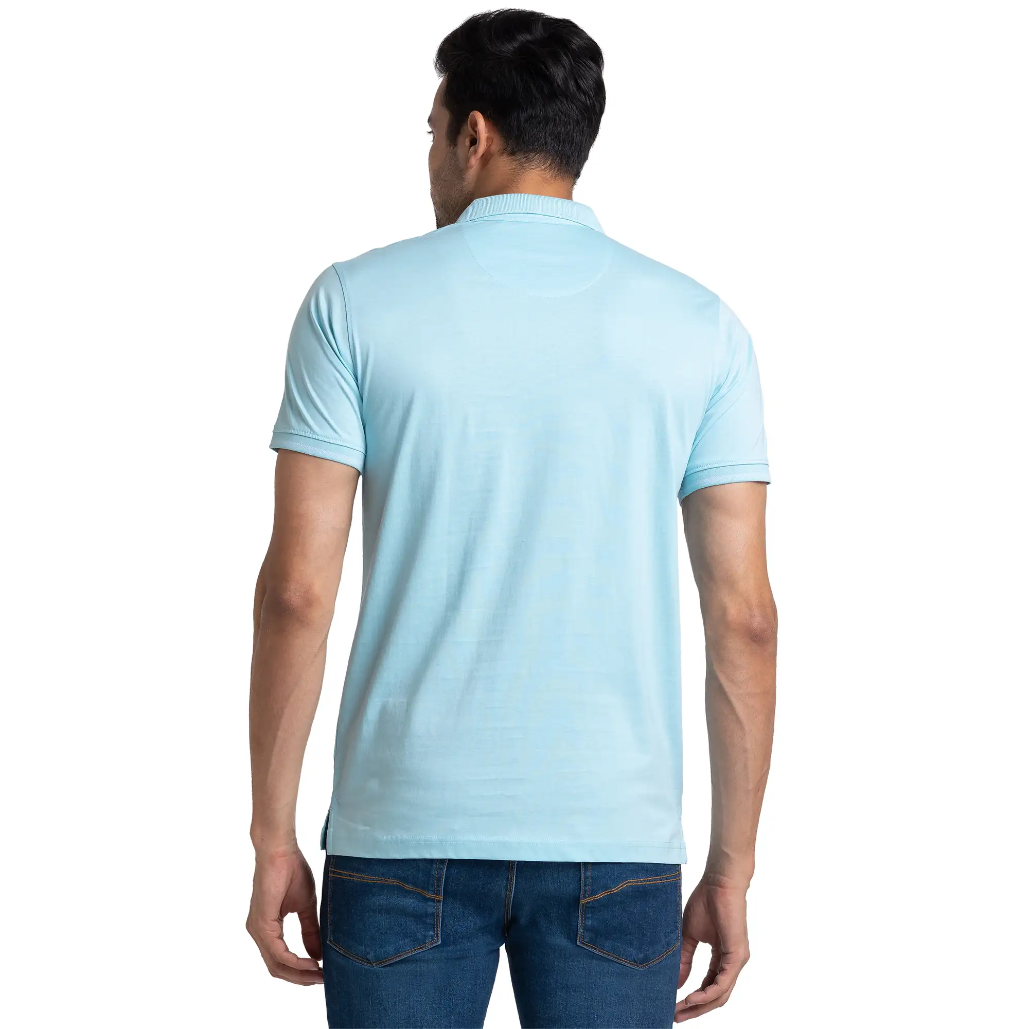 Men Blue Slim Fit Solid Cotton Round Neck Collar Polo T-Shirt - Image 4