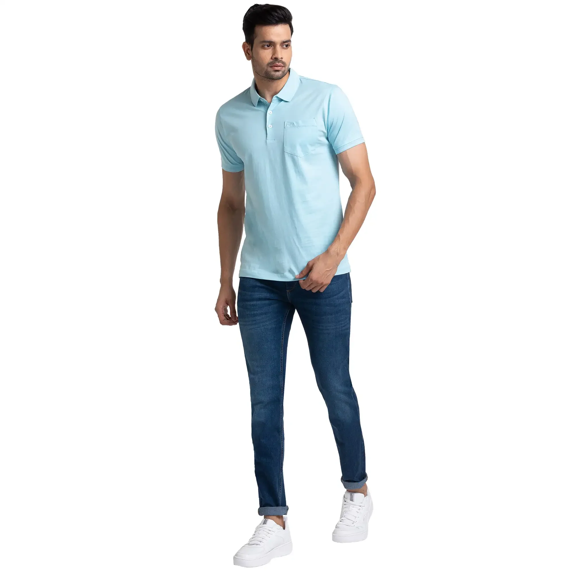 Men Blue Slim Fit Solid Cotton Round Neck Collar Polo T-Shirt - Image 5